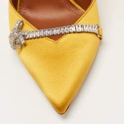 Pre Owned Malone Souliers Yellow Satin Lowe Crystal Embellished Pointed Toe Pumps Size 38