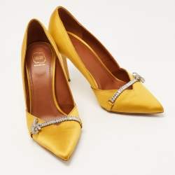 Pre Owned Malone Souliers Yellow Satin Lowe Crystal Embellished Pointed Toe Pumps Size 38