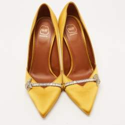 Pre Owned Malone Souliers Yellow Satin Lowe Crystal Embellished Pointed Toe Pumps Size 38