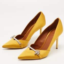 Pre Owned Malone Souliers Yellow Satin Lowe Crystal Embellished Pointed Toe Pumps Size 38