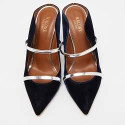 Pre Owned Malone Souliers Navy Blue/Silver Velvet and Leather Maureen Mules Size 39