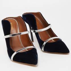 Pre Owned Malone Souliers Navy Blue/Silver Velvet and Leather Maureen Mules Size 39