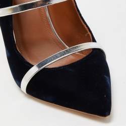 Pre Owned Malone Souliers Navy Blue/Silver Velvet and Leather Maureen Mules Size 39