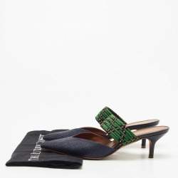 Pre Owned Malone Souliers Navy Blue/Green Raffia Maisie Mules Size 39.5