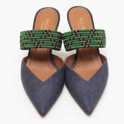 Pre Owned Malone Souliers Navy Blue/Green Raffia Maisie Mules Size 39.5