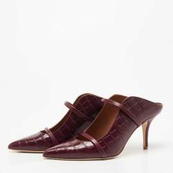 Pre Owned Malone Souliers Burgundy Croc Embossed Leather Maureen Pointed Toe Mules Size 38.5