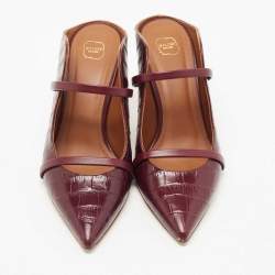Pre Owned Malone Souliers Burgundy Croc Embossed Leather Maureen Pointed Toe Mules Size 38.5