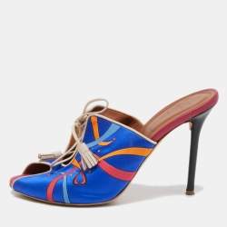 Malone Souliers Blue Embroidered Satin Peep Toe Lace Up Mules Size 40