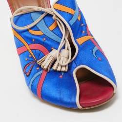 Malone Souliers Blue Embroidered Satin Peep Toe Lace Up Mules Size 40