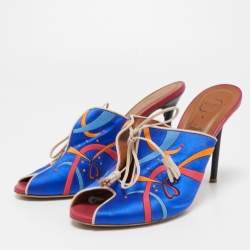 Malone Souliers Blue Embroidered Satin Peep Toe Lace Up Mules Size 40