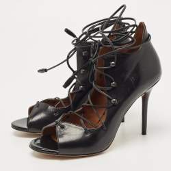 Pre Owned Malone Souliers Black Leather Savannah Open Toe Ankle Wrap Pumps Size 38.5