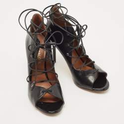 Pre Owned Malone Souliers Black Leather Savannah Open Toe Ankle Wrap Pumps Size 38.5