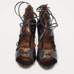 Pre Owned Malone Souliers Black Leather Savannah Open Toe Ankle Wrap Pumps Size 38.5