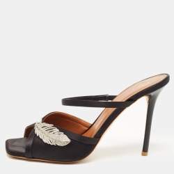 Pre Owned Malone Souliers Black Satin Fion Crystal Embellished Slide Sandals Size 37.5