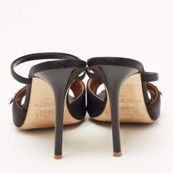 Pre Owned Malone Souliers Black Satin Fion Crystal Embellished Slide Sandals Size 37.5