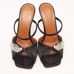 Pre Owned Malone Souliers Black Satin Fion Crystal Embellished Slide Sandals Size 37.5