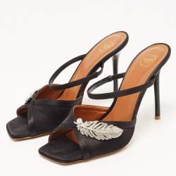 Pre Owned Malone Souliers Black Satin Fion Crystal Embellished Slide Sandals Size 37.5