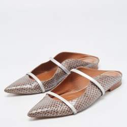 Pre Owned Malone Souliers Silver/Brown Python Leather Maureen Pointed Toe Flat Mules Size 42