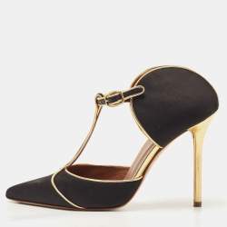 Pre Owned Malone Souliers Black/Gold Satin and Leather Imogen Sandals Size 38
