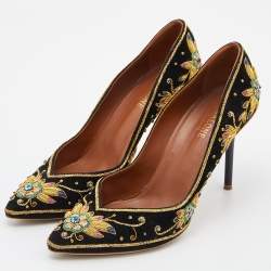 Malone Souliers Black Velvet Crystal Embroidered Pointed Toe Pumps Size 41