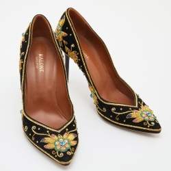 Malone Souliers Black Velvet Crystal Embroidered Pointed Toe Pumps Size 41