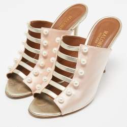 Pre Owned Malone Souliers Pink/Gold Leather And Satin Zada Mules Size 40