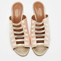 Pre Owned Malone Souliers Pink/Gold Leather And Satin Zada Mules Size 40