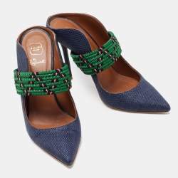 Pre Owned Malone Souliers Blue/Green Raffia And Fabric Maisie Maureen Pumps Size 38
