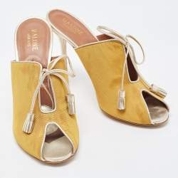 Pre Owned Malone Souliers Yellow Canvas and Leather Peep Toe Lace Up Mules Size 38.5