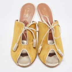 Pre Owned Malone Souliers Yellow Canvas and Leather Peep Toe Lace Up Mules Size 38.5