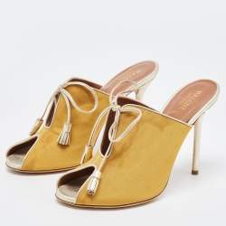 Pre Owned Malone Souliers Yellow Canvas and Leather Peep Toe Lace Up Mules Size 38.5