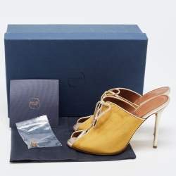 Pre Owned Malone Souliers Yellow Canvas and Leather Peep Toe Lace Up Mules Size 38.5