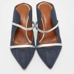 Pre Owned Malone Souliers Navy Blue Canvas Maureen Mule Pumps Size 38