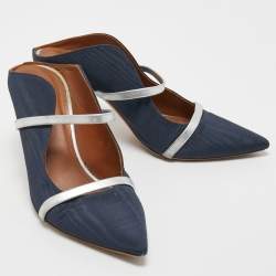 Pre Owned Malone Souliers Navy Blue Canvas Maureen Mule Pumps Size 38