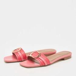 Pre Owned Malone Souliers Pink Leather Coral Perforated Gena Flat Slides Size 38