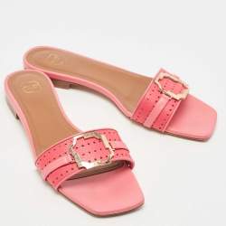 Pre Owned Malone Souliers Pink Leather Coral Perforated Gena Flat Slides Size 38