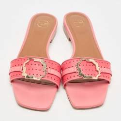 Pre Owned Malone Souliers Pink Leather Coral Perforated Gena Flat Slides Size 38