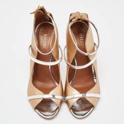 Pre Owned Malone Souliers Gold/Silver Leather Mika Triple Band Peep Toe Pumps Size 39