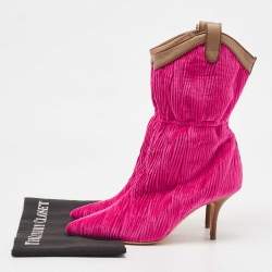 Pre Owned Malone Souliers Pink/Brown Pleated Velvet and Leather Daisy Mid Calf Boots Size 37.5