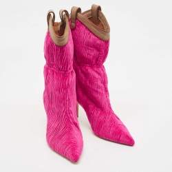 Pre Owned Malone Souliers Pink/Brown Pleated Velvet and Leather Daisy Mid Calf Boots Size 37.5