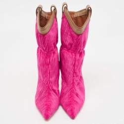 Pre Owned Malone Souliers Pink/Brown Pleated Velvet and Leather Daisy Mid Calf Boots Size 37.5