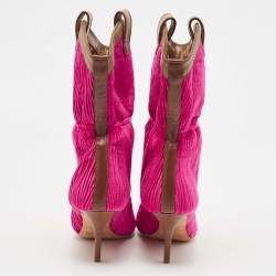 Pre Owned Malone Souliers Pink/Brown Pleated Velvet and Leather Daisy Mid Calf Boots Size 37.5