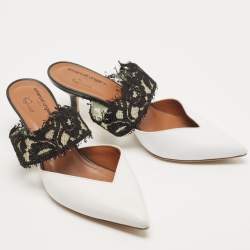 Pre Owned Malone Souliers White/Black Lace and Leather Maisie Mules Size 36