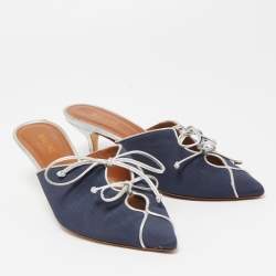 Pre Owned Malone Souliers Navy Blue Canvas Victoria Bow Mules Size 38.5