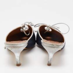 Pre Owned Malone Souliers Navy Blue Canvas Victoria Bow Mules Size 38.5