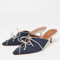 Pre Owned Malone Souliers Navy Blue Canvas Victoria Bow Mules Size 38.5