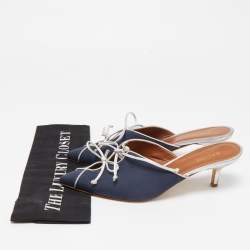 Pre Owned Malone Souliers Navy Blue Canvas Victoria Bow Mules Size 38.5