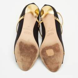 Pre Owned Malone Souliers Gold/Black Satin and Leather Mika Triple Band Sandals Size 37