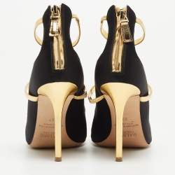 Pre Owned Malone Souliers Gold/Black Satin and Leather Mika Triple Band Sandals Size 37