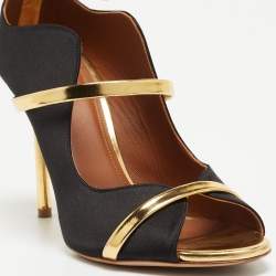 Pre Owned Malone Souliers Gold/Black Satin and Leather Mika Triple Band Sandals Size 37